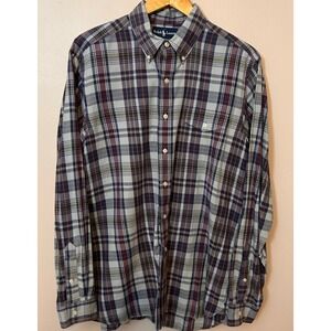 Ralph Lauren Button Down Shirt Mens L Red Blue Gray Madras Plaid Long Sleeve
